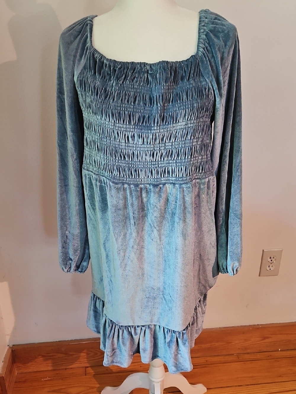 Blue Velvet Smocked Long-Sleeve Dress